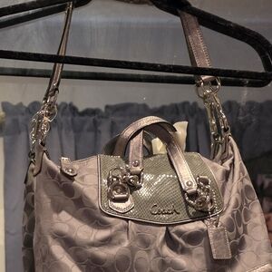 Coach Metallic Taupe Signature Shoulder Bag with Shiny Trim